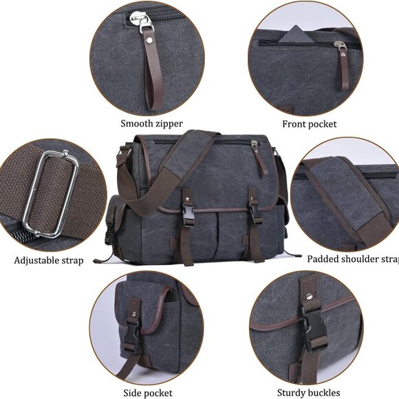 Vintage Canvas 15.6 inch Laptop Messenger Bag for Men Women, College Computer Sa - Picture 5 of 7